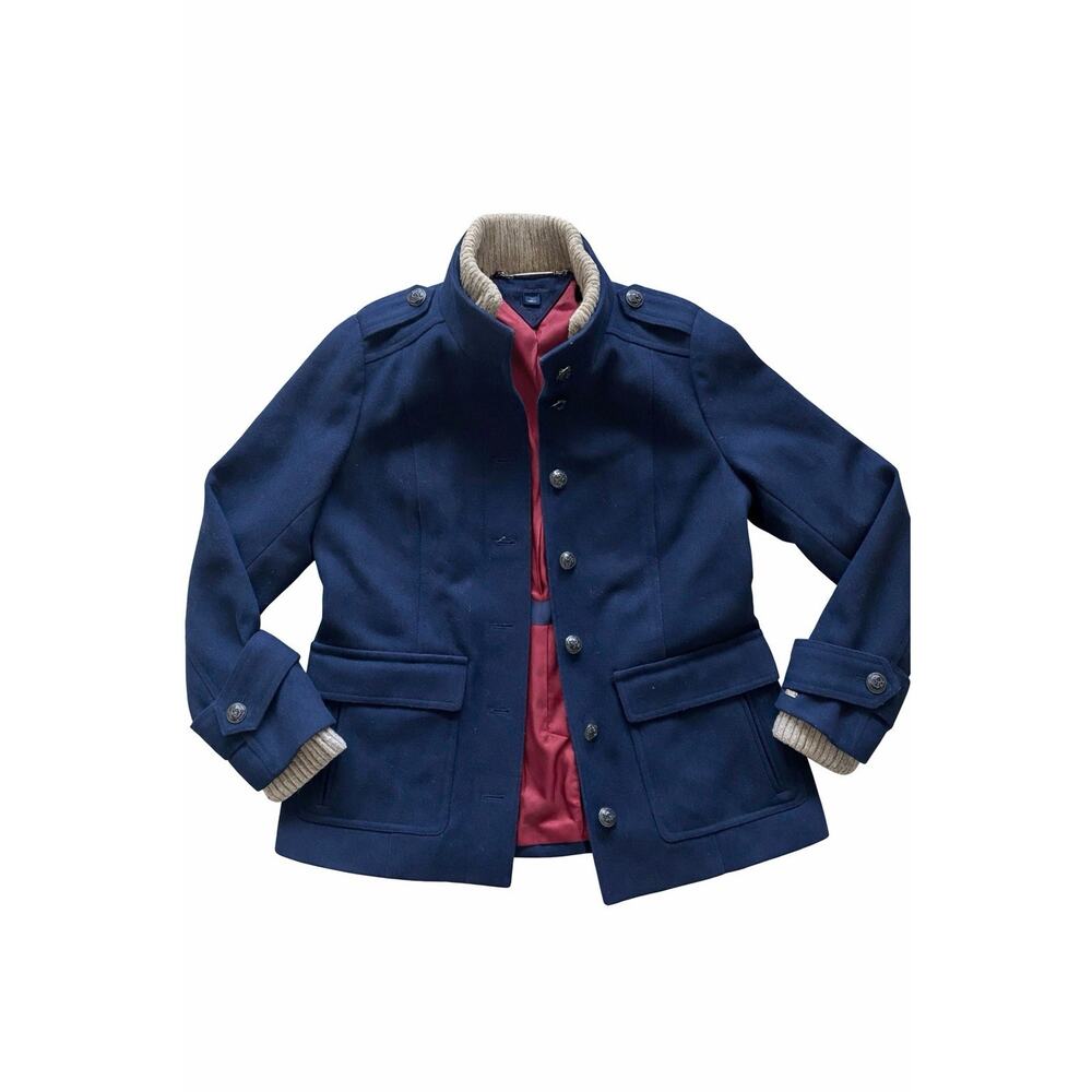 Tommy Hilfiger Women’s Wool Blend Military Coat Navy Blue Ribbed Collar M